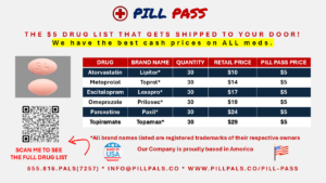 pill pass discount drug list that gets shipped to your door for free with no subscription fee or delivery fee.