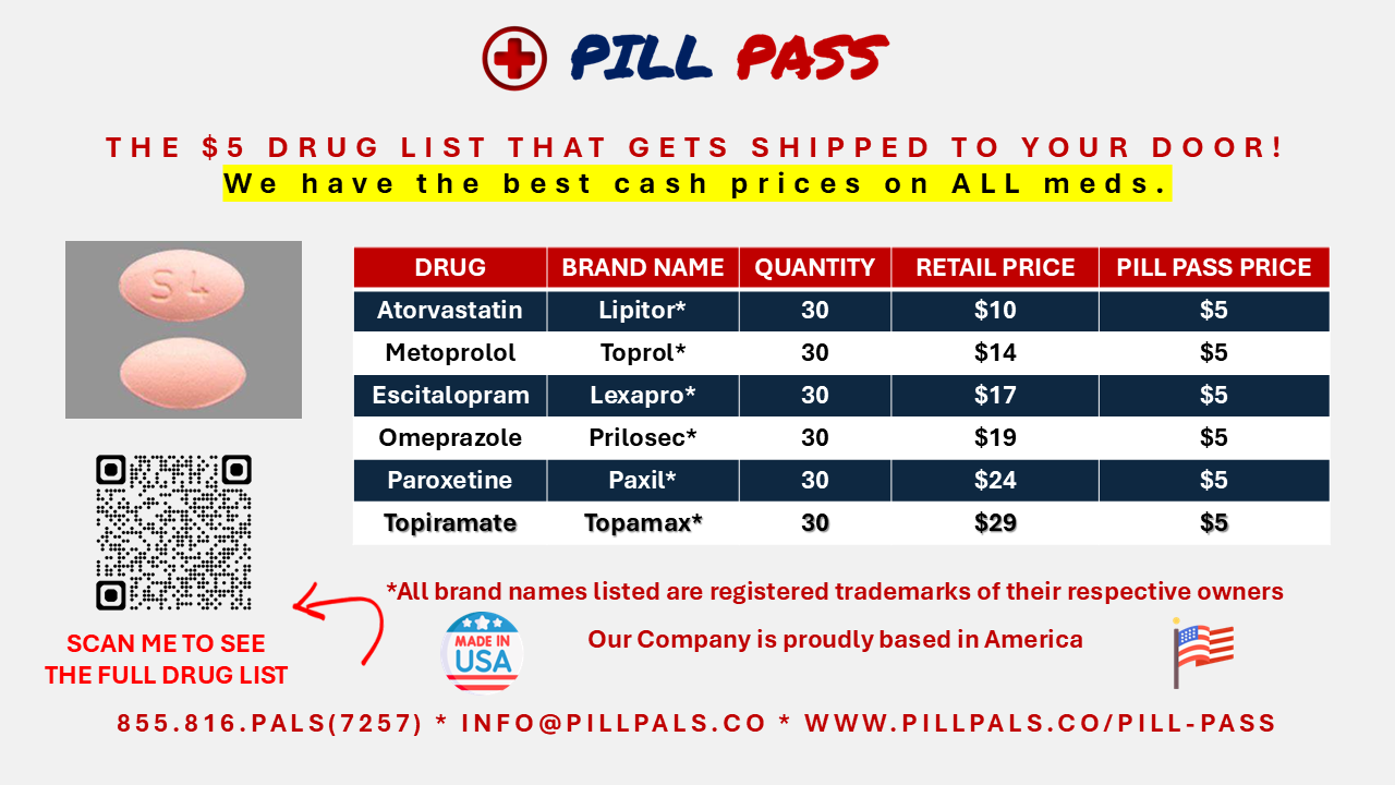 pill-pass-flyer pill pass discount drug list that gets shipped to your door for free with no subscription fee or delivery fee.